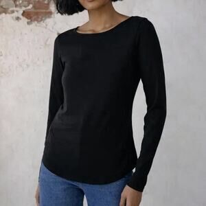 White + Warren Cotton Modal Boatneck Long Sleeve Tee Womens L Large Black